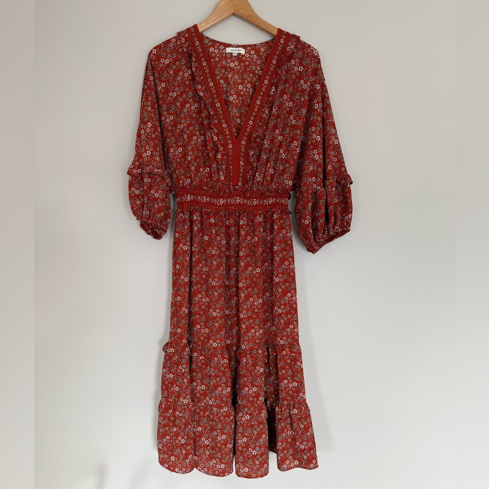 Max Studio 3/4 Sleeve Ruffle Tiered Bubble Crepe Red Floral Midi Dress Size L